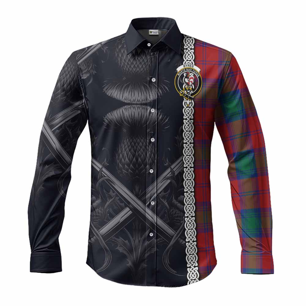 Tartan Vibes Clothing Byres (Byses) Tartan Long Sleeve Button Shirt with Family Crest Cross Sword Thistle Celtic Vibes