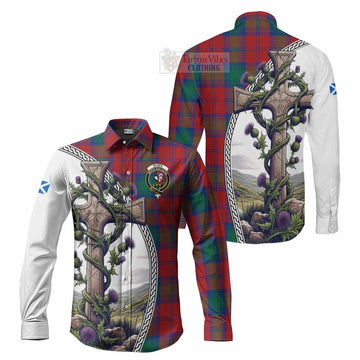 Tartan Vibes Clothing Byres (Byses) Tartan Long Sleeve Button Shirt with Family Crest and St. Andrew's Cross Accented by Thistle Vines