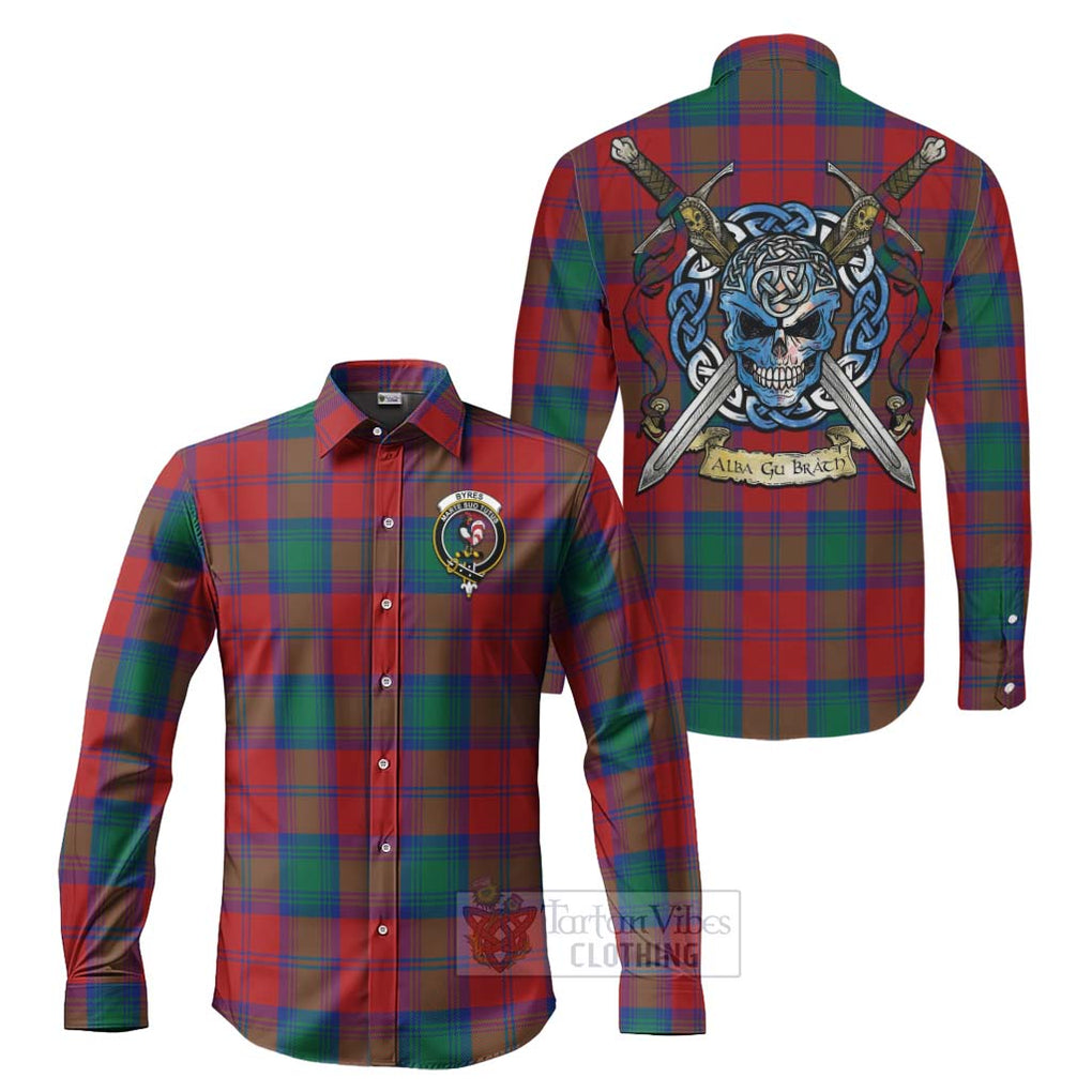 Byres (Byses) Tartan Long Sleeve Button Shirt with Family Crest Celtic Skull Style Men's Shirt S - Tartan Vibes Clothing