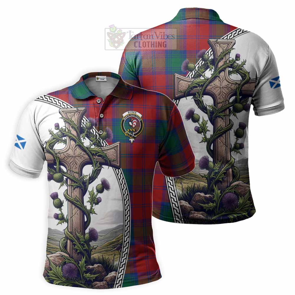 Tartan Vibes Clothing Byres (Byses) Tartan Polo Shirt with Family Crest and St. Andrew's Cross Accented by Thistle Vines