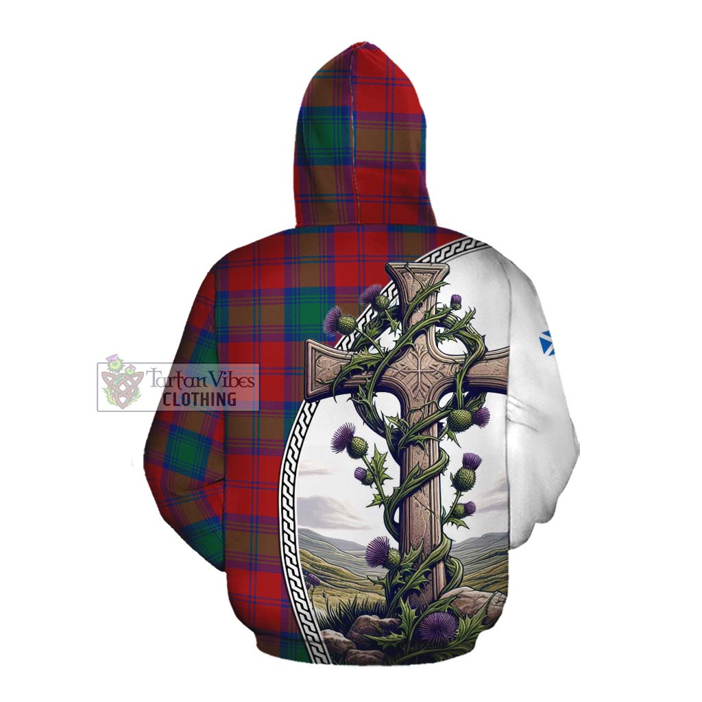 Tartan Vibes Clothing Byres (Byses) Tartan Cotton Hoodie with Family Crest and St. Andrew's Cross Accented by Thistle Vines