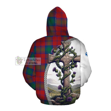 Tartan Vibes Clothing Byres (Byses) Tartan Cotton Hoodie with Family Crest and St. Andrew's Cross Accented by Thistle Vines