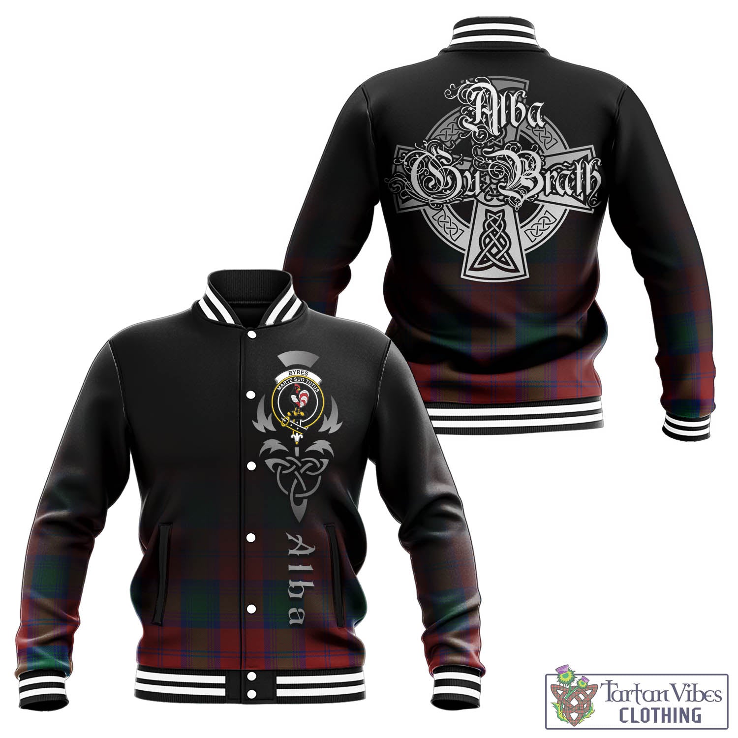 Tartan Vibes Clothing Byres (Byses) Tartan Baseball Jacket Featuring Alba Gu Brath Family Crest Celtic Inspired