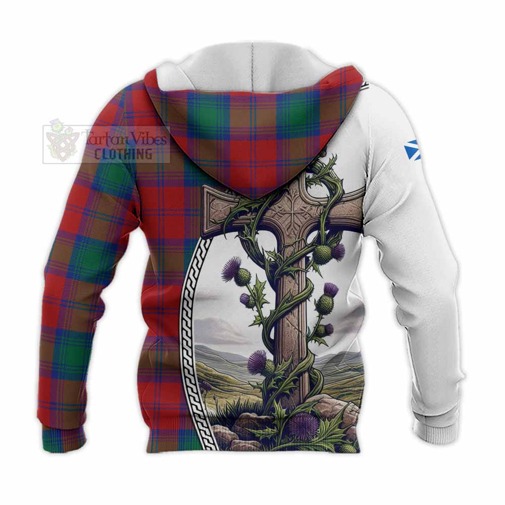 Tartan Vibes Clothing Byres (Byses) Tartan Knitted Hoodie with Family Crest and St. Andrew's Cross Accented by Thistle Vines