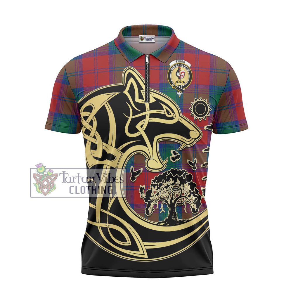 Byres (Byses) Tartan Zipper Polo Shirt with Family Crest Celtic Wolf Style - Tartanvibesclothing Shop