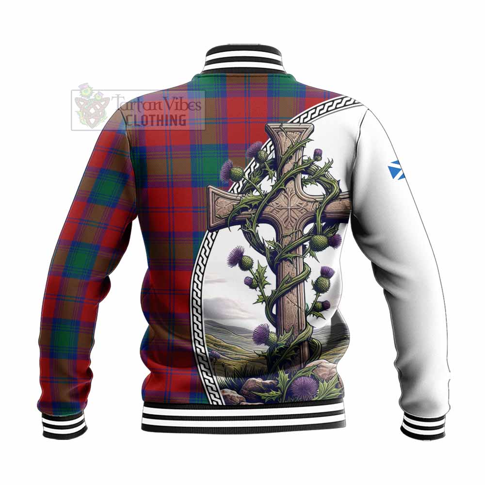 Tartan Vibes Clothing Byres (Byses) Tartan Baseball Jacket with Family Crest and St. Andrew's Cross Accented by Thistle Vines
