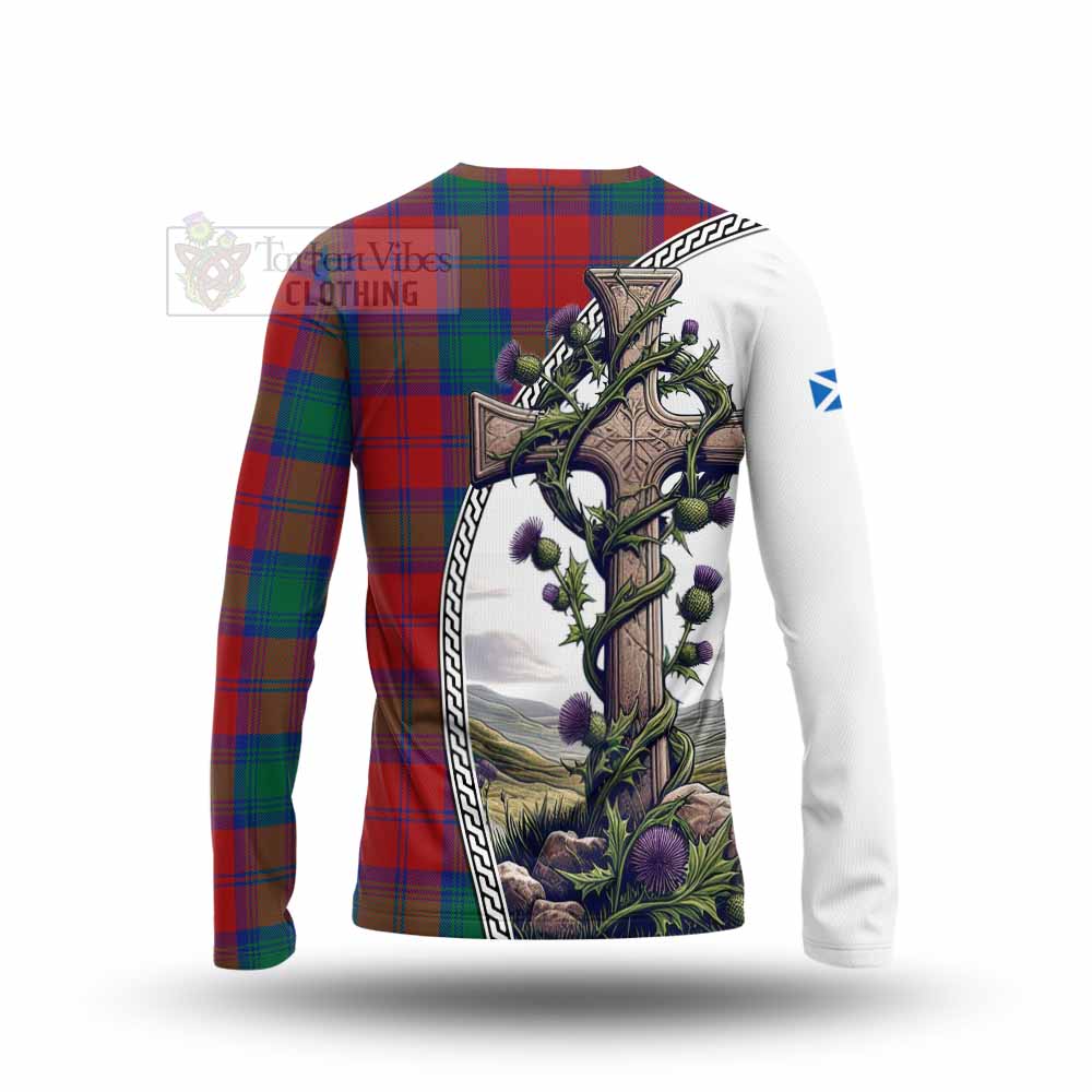 Tartan Vibes Clothing Byres (Byses) Tartan Long Sleeve T-Shirt with Family Crest and St. Andrew's Cross Accented by Thistle Vines