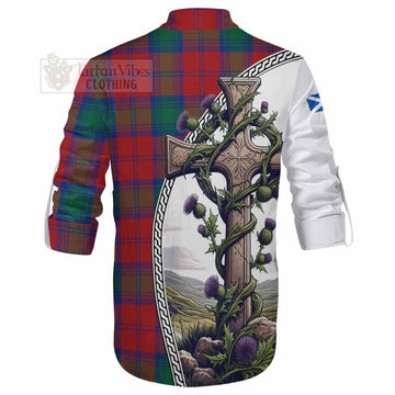Tartan Vibes Clothing Byres (Byses) Tartan Ghillie Kilt Shirt with Family Crest and St. Andrew's Cross Accented by Thistle Vines