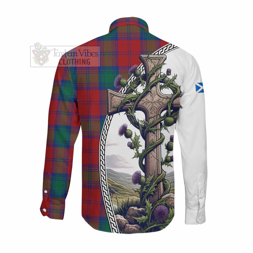 Tartan Vibes Clothing Byres (Byses) Tartan Long Sleeve Button Shirt with Family Crest and St. Andrew's Cross Accented by Thistle Vines
