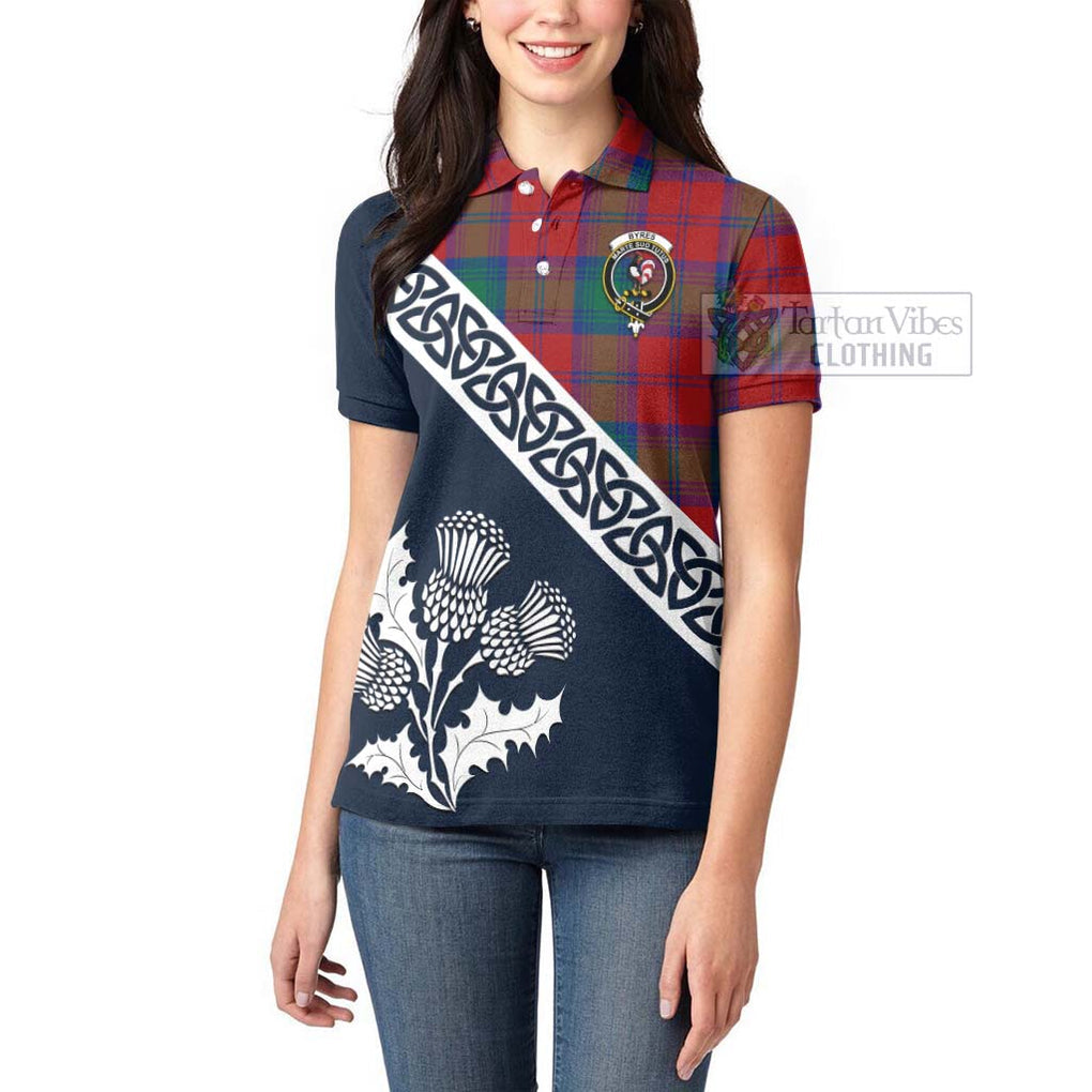Byres (Byses) Tartan Women's Polo Shirt Featuring Thistle and Scotland Map - Tartanvibesclothing Store