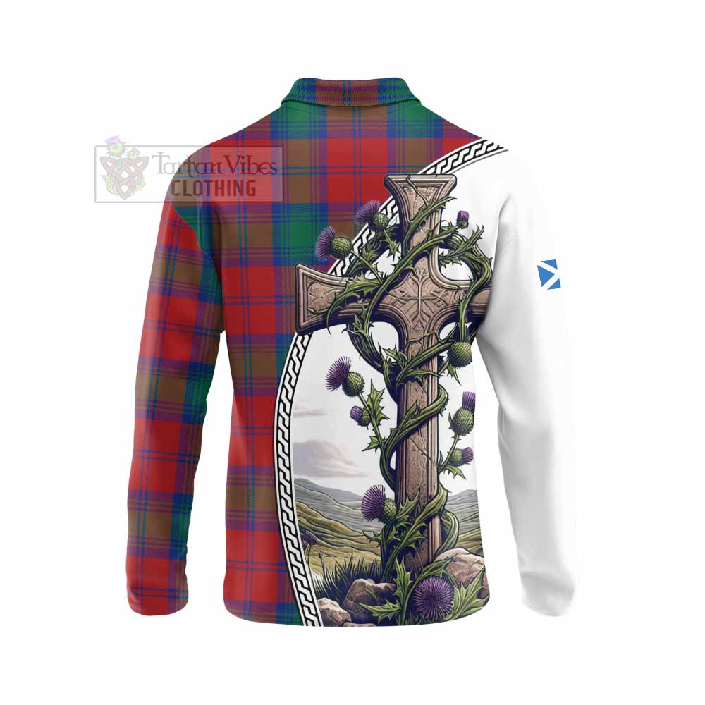 Tartan Vibes Clothing Byres (Byses) Tartan Long Sleeve Polo Shirt with Family Crest and St. Andrew's Cross Accented by Thistle Vines