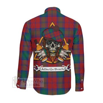 Byres (Byses) Tartan Long Sleeve Button Shirt with Family Crest and Bearded Skull Holding Bottles of Whiskey Men's Shirt - Tartan Vibes Clothing