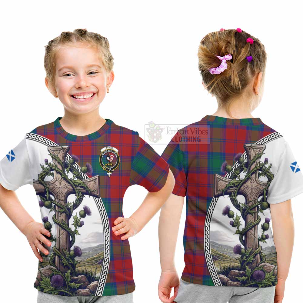 Tartan Vibes Clothing Byres (Byses) Tartan Kid T-Shirt with Family Crest and St. Andrew's Cross Accented by Thistle Vines
