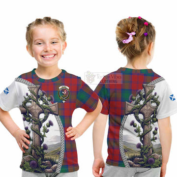 Tartan Vibes Clothing Byres (Byses) Tartan Kid T-Shirt with Family Crest and St. Andrew's Cross Accented by Thistle Vines