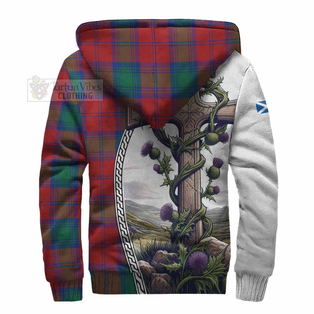 Tartan Vibes Clothing Byres (Byses) Tartan Sherpa Hoodie with Family Crest and St. Andrew's Cross Accented by Thistle Vines