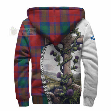 Tartan Vibes Clothing Byres (Byses) Tartan Sherpa Hoodie with Family Crest and St. Andrew's Cross Accented by Thistle Vines