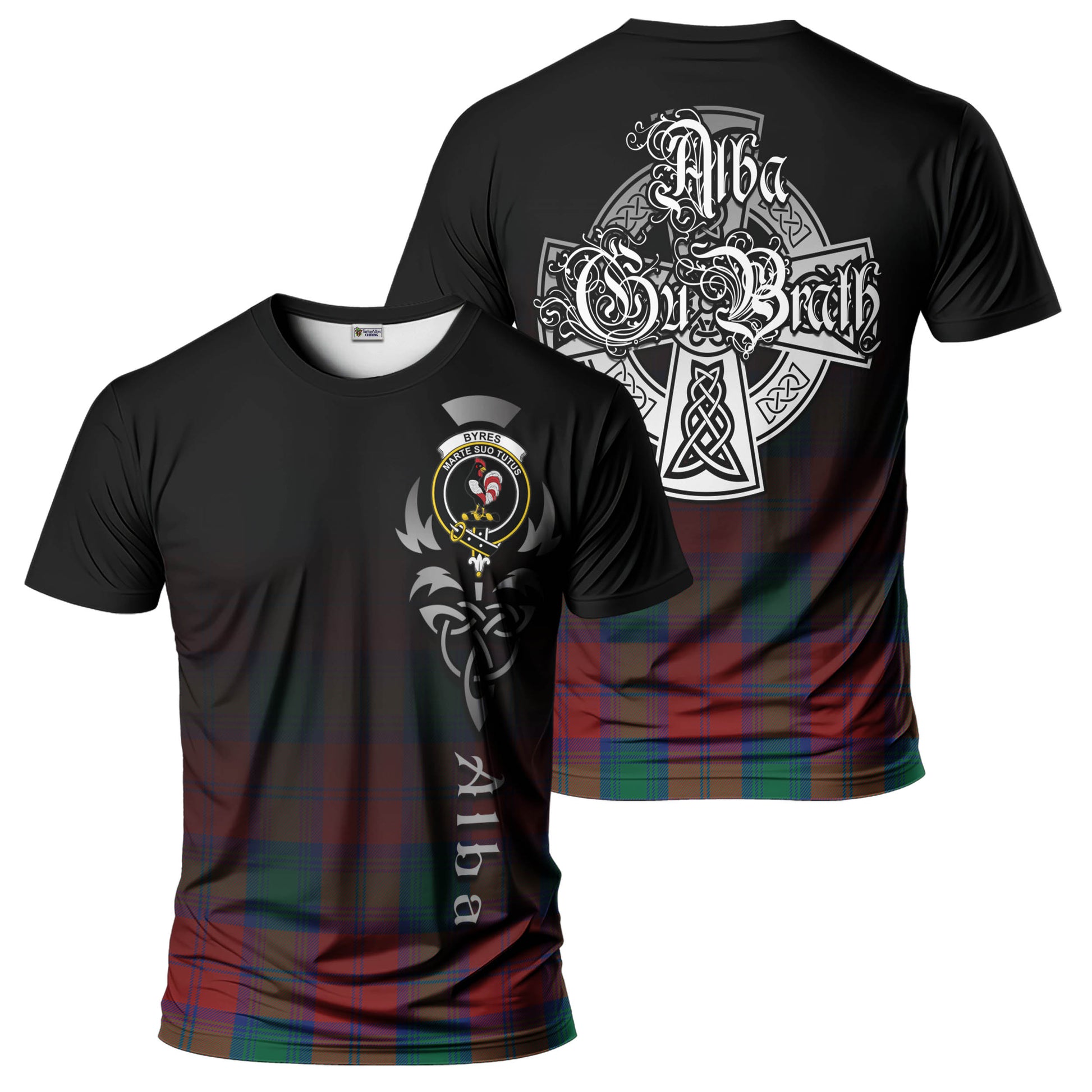 Tartan Vibes Clothing Byres (Byses) Tartan T-Shirt Featuring Alba Gu Brath Family Crest Celtic Inspired
