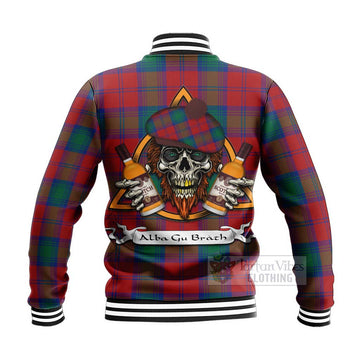 Byres (Byses) Tartan Baseball Jacket with Family Crest and Bearded Skull Holding Bottles of Whiskey - Tartan Vibes Clothing
