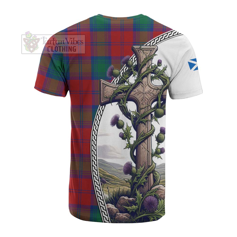 Tartan Vibes Clothing Byres (Byses) Tartan Cotton T-shirt with Family Crest and St. Andrew's Cross Accented by Thistle Vines