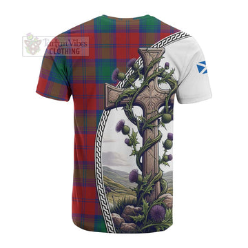 Tartan Vibes Clothing Byres (Byses) Tartan Cotton T-shirt with Family Crest and St. Andrew's Cross Accented by Thistle Vines