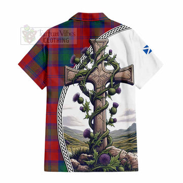Tartan Vibes Clothing Byres (Byses) Tartan Short Sleeve Button Shirt with Family Crest and St. Andrew's Cross Accented by Thistle Vines