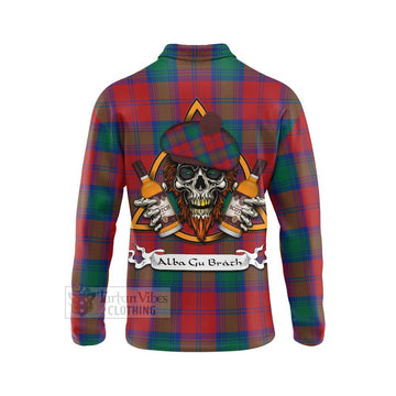 Byres (Byses) Tartan Long Sleeve Polo Shirt with Family Crest and Bearded Skull Holding Bottles of Whiskey - Tartan Vibes Clothing