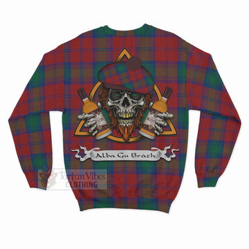 Byres (Byses) Tartan Sweatshirt with Family Crest and Bearded Skull Holding Bottles of Whiskey - Tartan Vibes Clothing