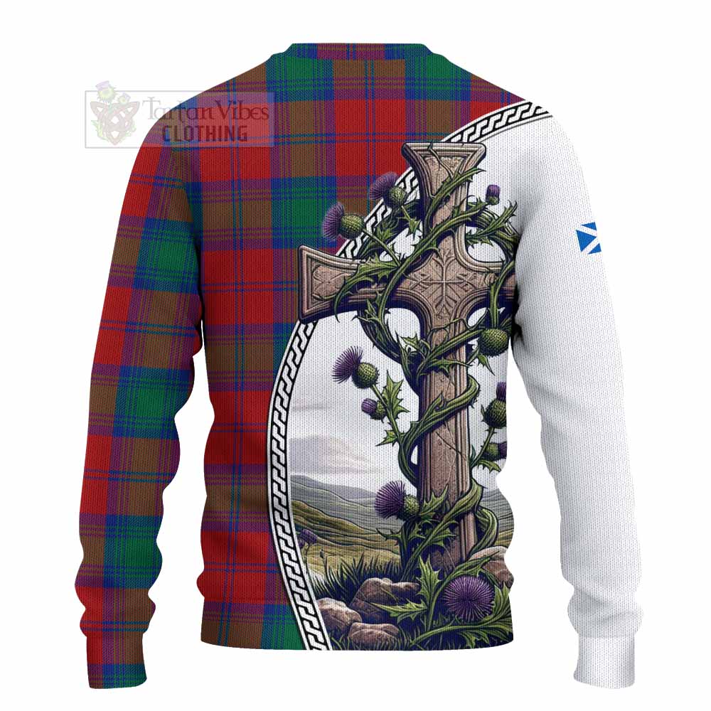 Tartan Vibes Clothing Byres (Byses) Tartan Knitted Sweater with Family Crest and St. Andrew's Cross Accented by Thistle Vines