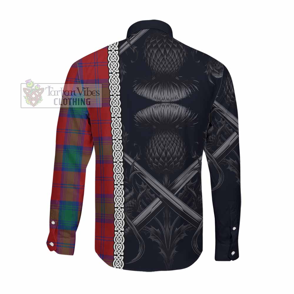 Tartan Vibes Clothing Byres (Byses) Tartan Long Sleeve Button Shirt with Family Crest Cross Sword Thistle Celtic Vibes