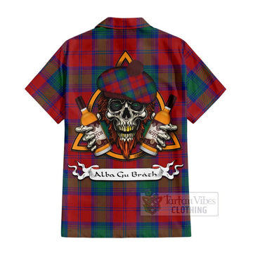 Byres (Byses) Tartan Hawaiian Shirt with Family Crest and Bearded Skull Holding Bottles of Whiskey - Tartan Vibes Clothing