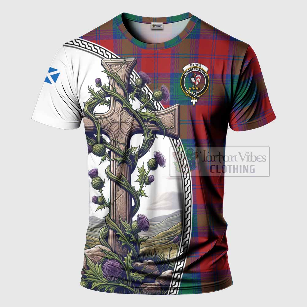 Tartan Vibes Clothing Byres (Byses) Agnew Tartan T-Shirt with Family Crest and St. Andrew's Cross Accented by Thistle Vines