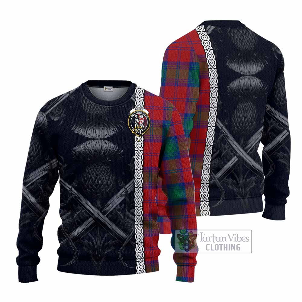 Tartan Vibes Clothing Byres (Byses) Tartan Knitted Sweater with Family Crest Cross Sword Thistle Celtic Vibes