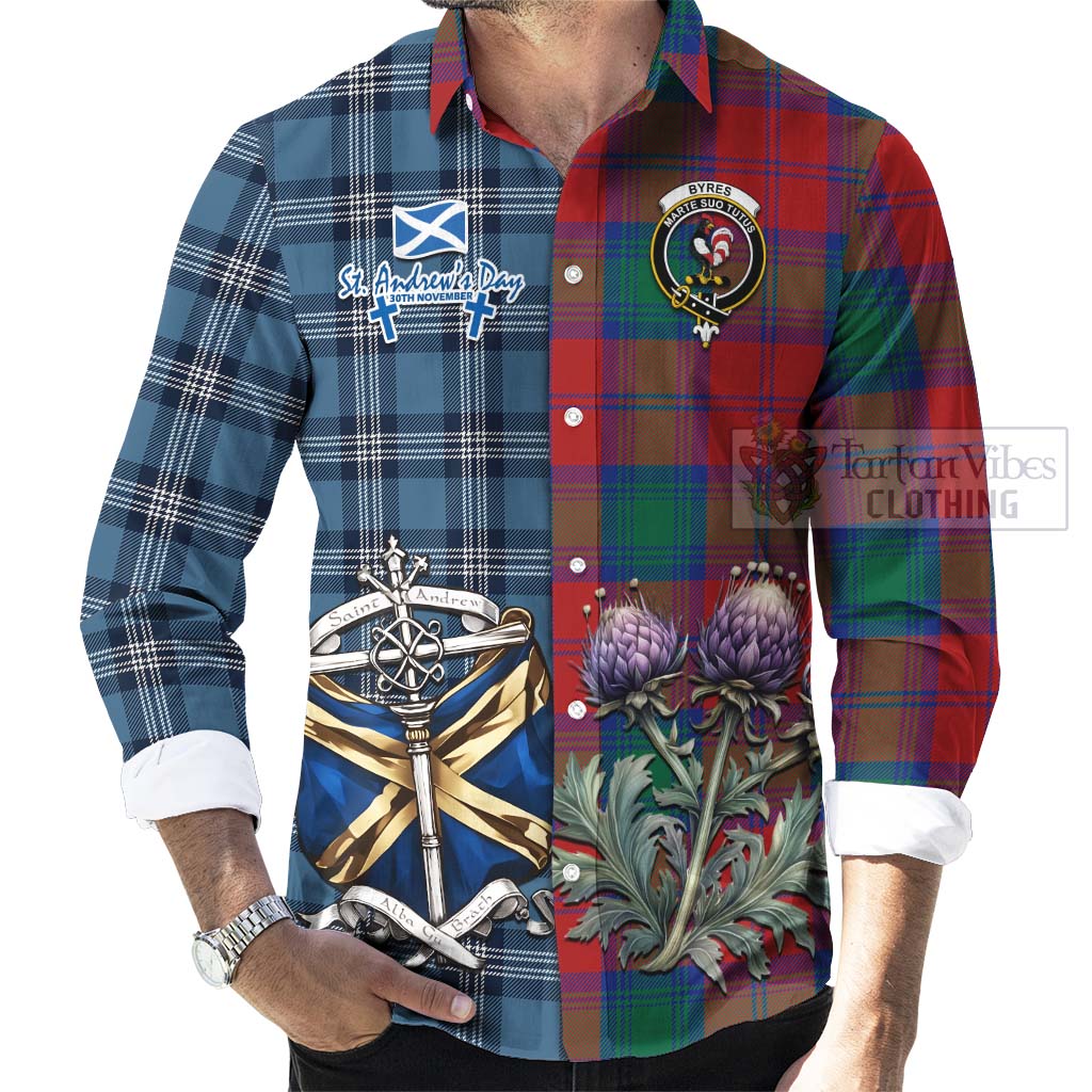 Byres (Byses) Tartan Long Sleeve Button Shirt Happy St. Andrew's Day Half Tartan Style - Tartan Vibes Clothing