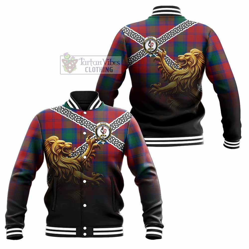 Tartan Vibes Clothing Byres (Byses) Crest Tartan Baseball Jacket with Golden Lion Emblem Celtic Style