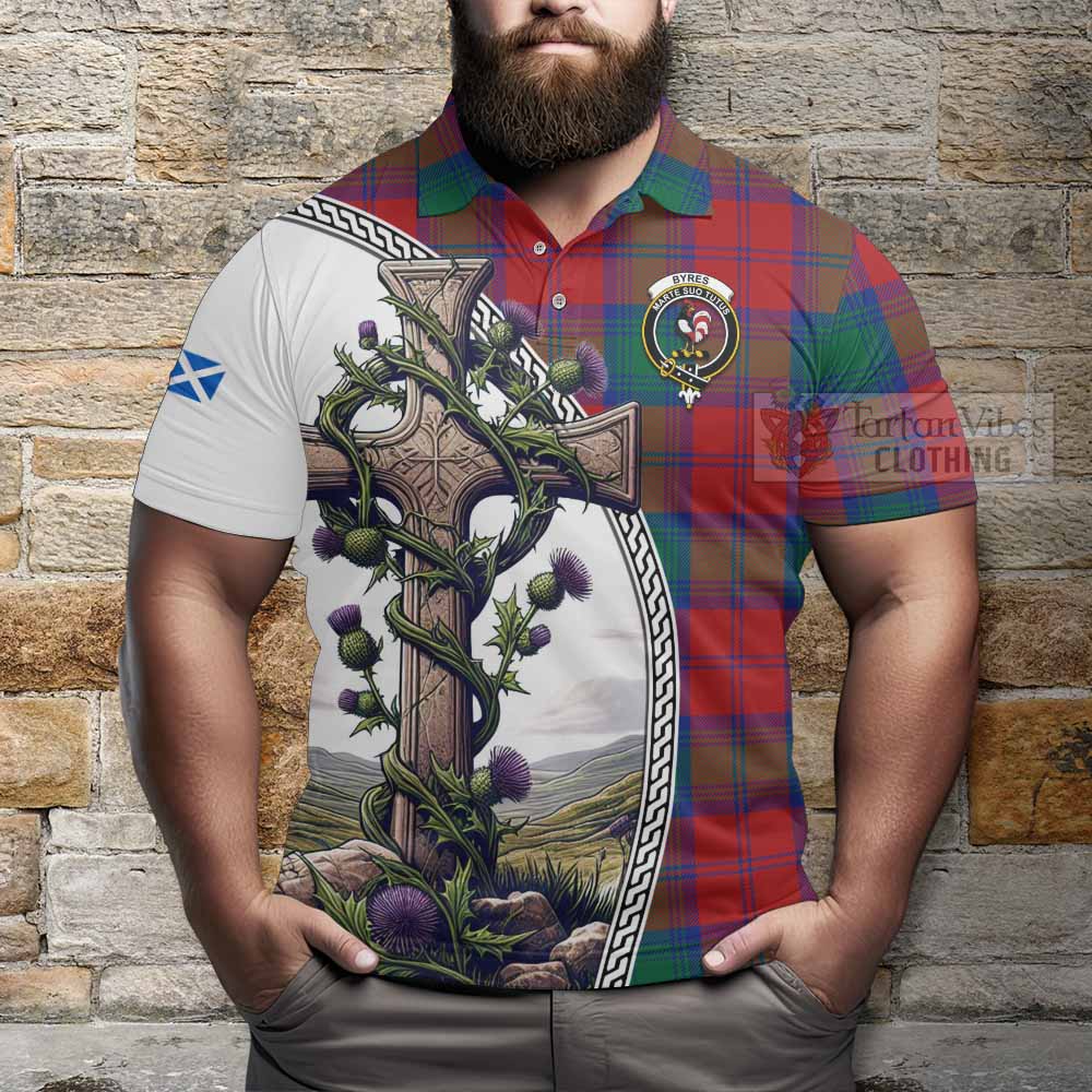 Tartan Vibes Clothing Byres (Byses) Tartan Polo Shirt with Family Crest and St. Andrew's Cross Accented by Thistle Vines