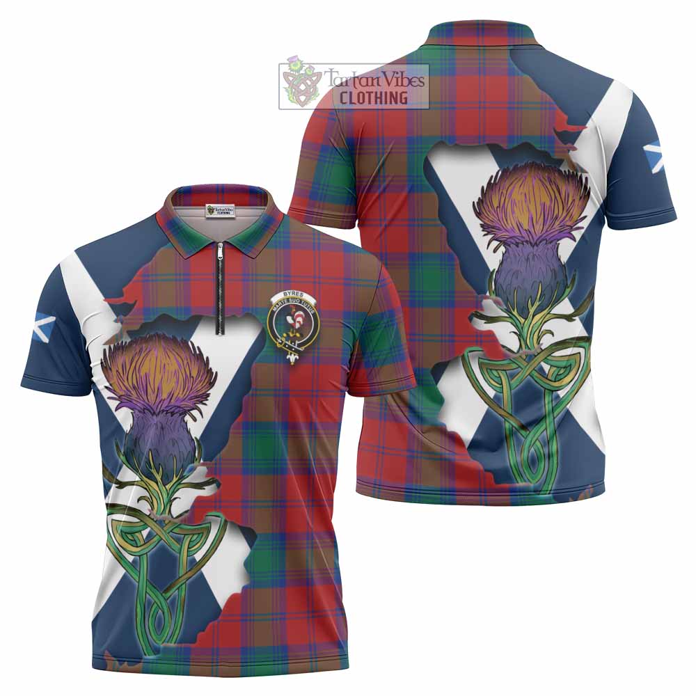 Tartan Vibes Clothing Byres (Byses) Tartan Family Crest Zipper Polo Shirt Scottish Thistle Celtic Inspired