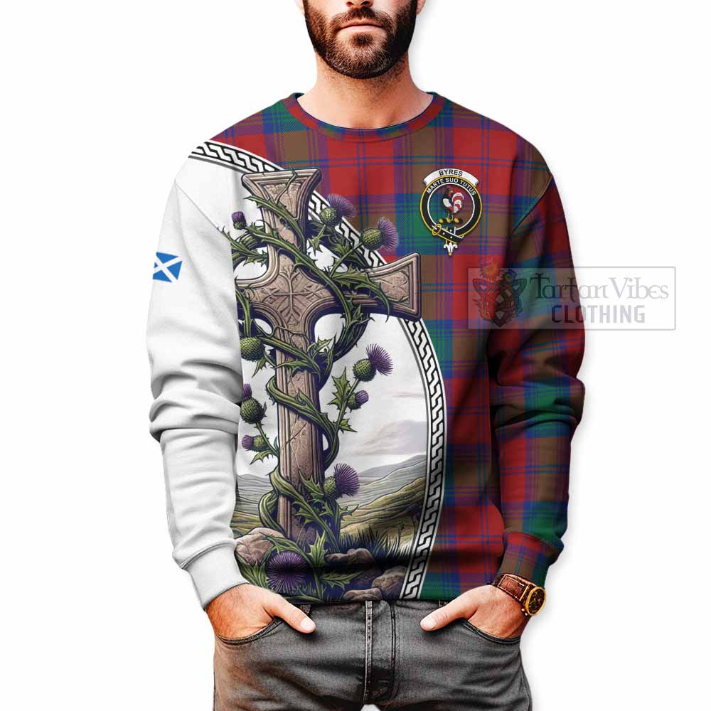 Tartan Vibes Clothing Byres (Byses) Tartan Sweatshirt with Family Crest and St. Andrew's Cross Accented by Thistle Vines