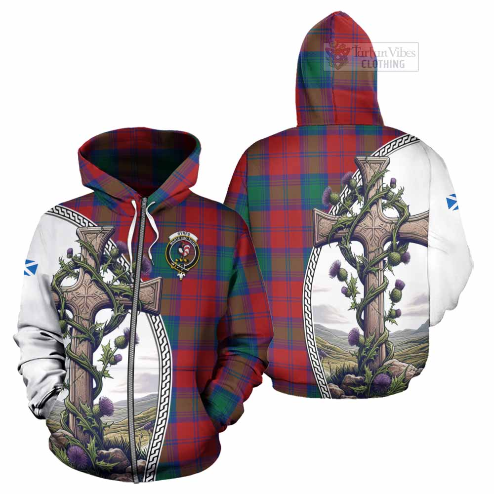 Tartan Vibes Clothing Byres (Byses) Tartan Hoodie with Family Crest and St. Andrew's Cross Accented by Thistle Vines