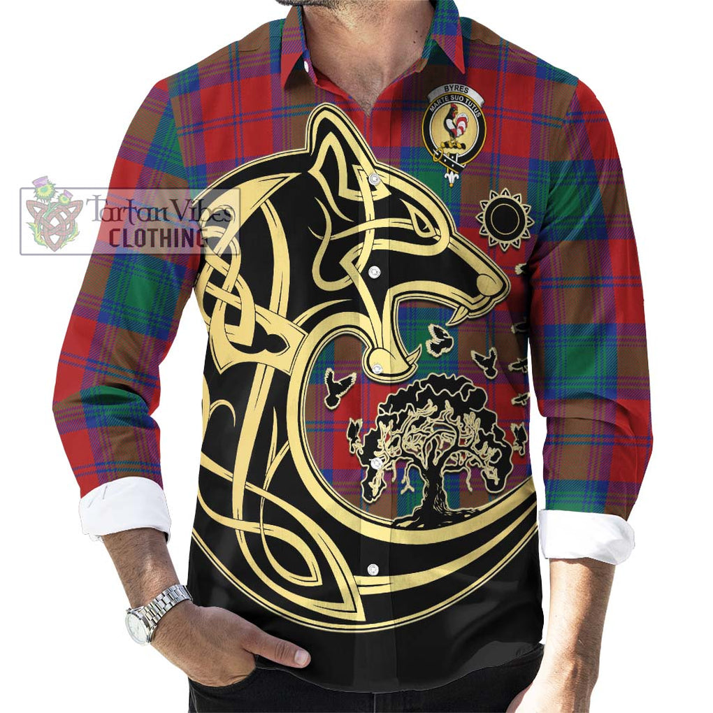 Byres (Byses) Tartan Long Sleeve Button Shirt with Family Crest Celtic Wolf Style - Tartan Vibes Clothing