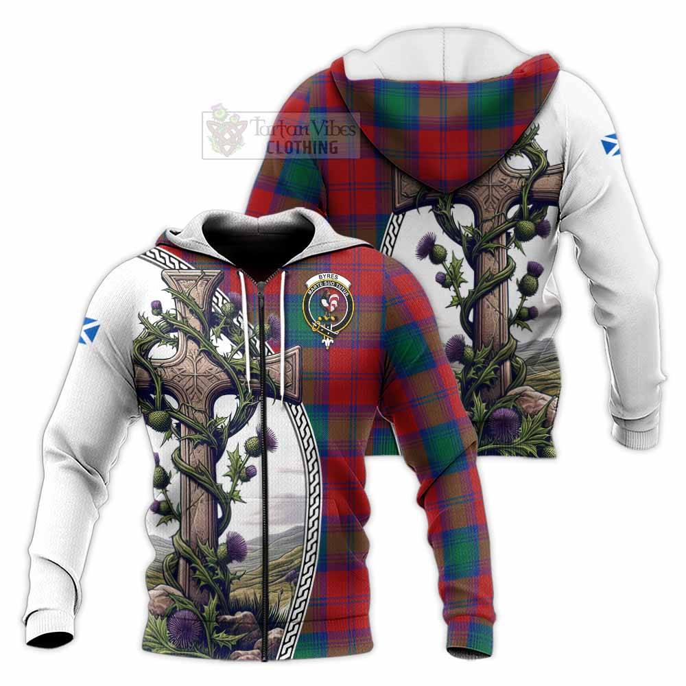 Tartan Vibes Clothing Byres (Byses) Tartan Knitted Hoodie with Family Crest and St. Andrew's Cross Accented by Thistle Vines