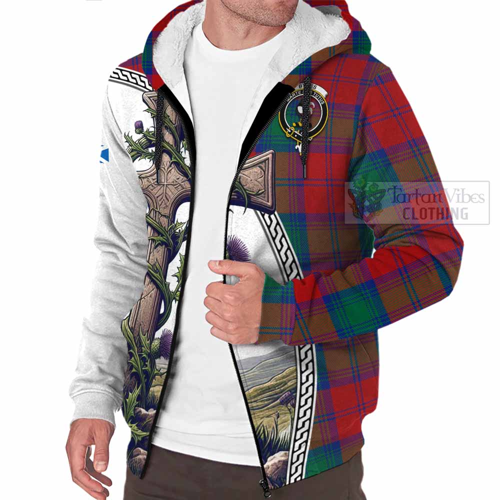 Tartan Vibes Clothing Byres (Byses) Tartan Sherpa Hoodie with Family Crest and St. Andrew's Cross Accented by Thistle Vines