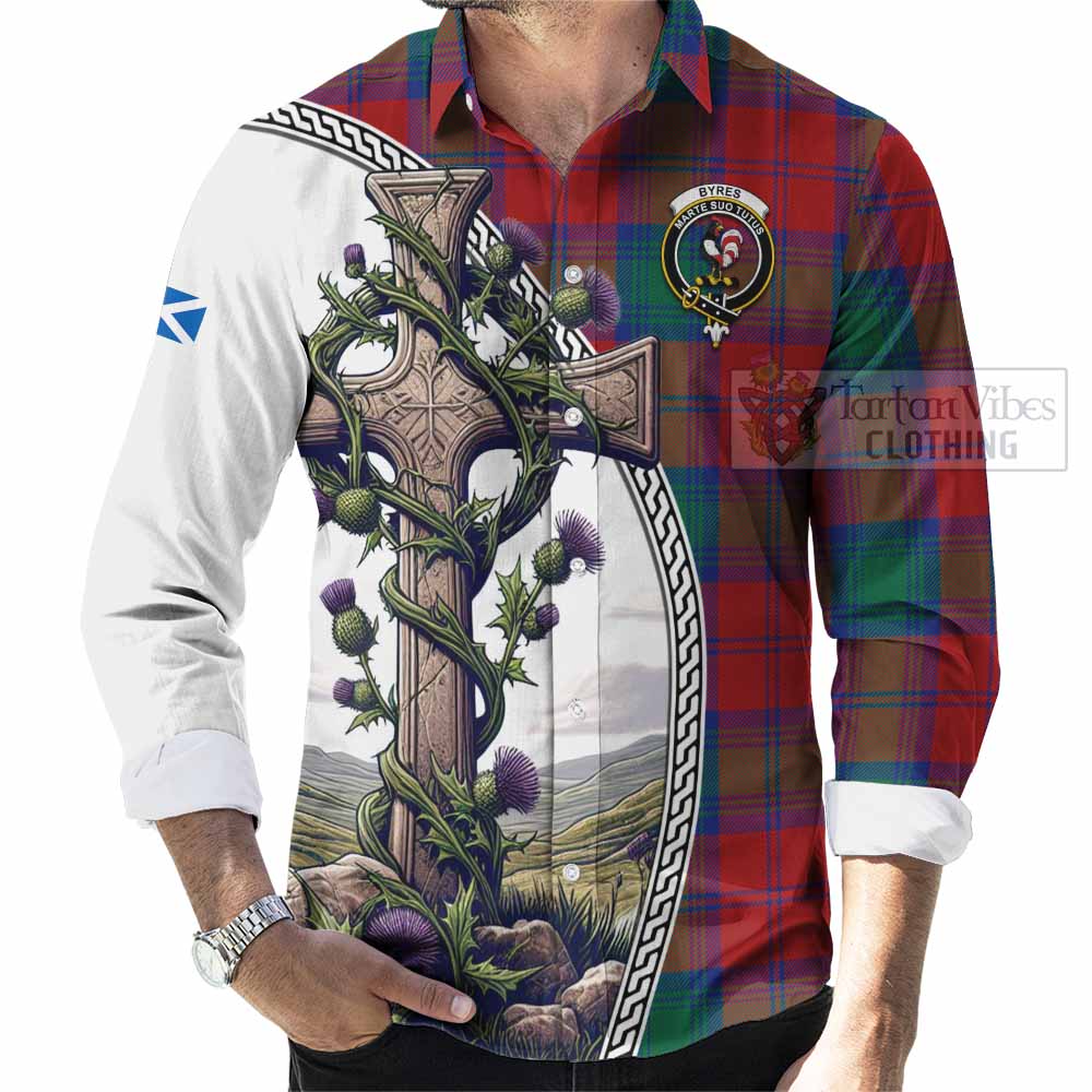 Tartan Vibes Clothing Byres (Byses) Tartan Long Sleeve Button Shirt with Family Crest and St. Andrew's Cross Accented by Thistle Vines