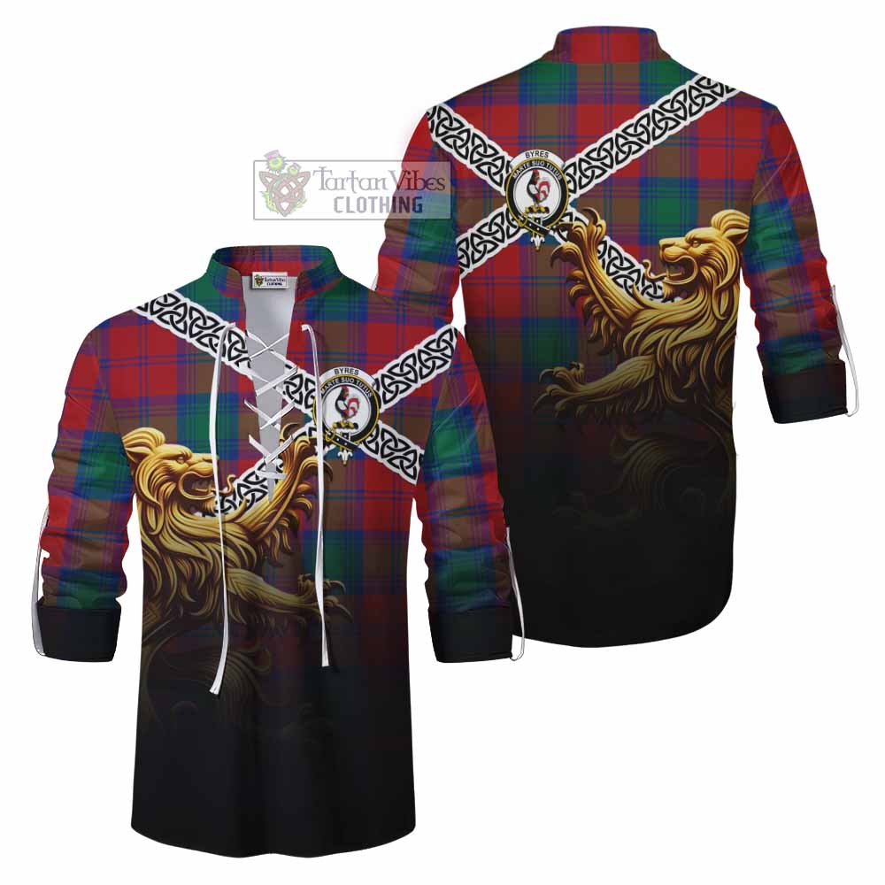 Tartan Vibes Clothing Byres (Byses) Crest Tartan Ghillie Kilt Shirt with Golden Lion Emblem Celtic Style