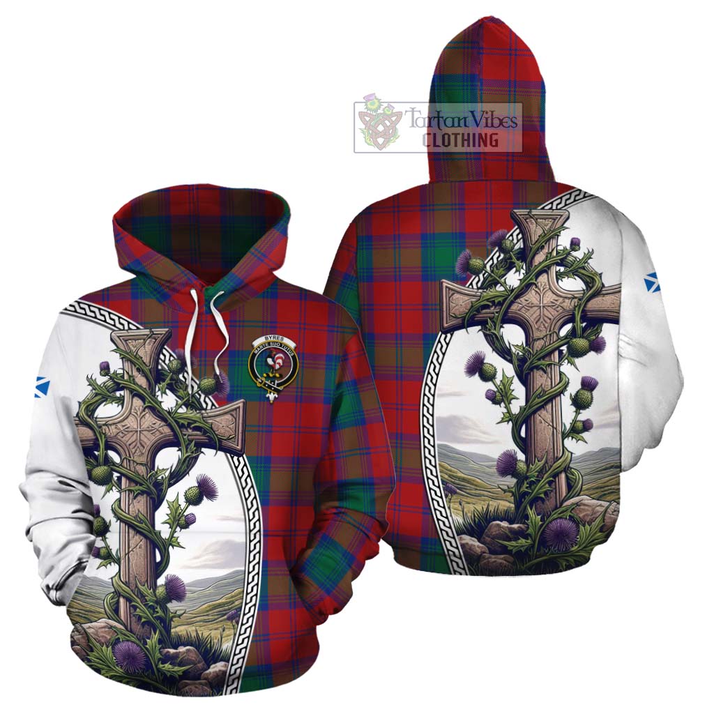 Tartan Vibes Clothing Byres (Byses) Tartan Cotton Hoodie with Family Crest and St. Andrew's Cross Accented by Thistle Vines