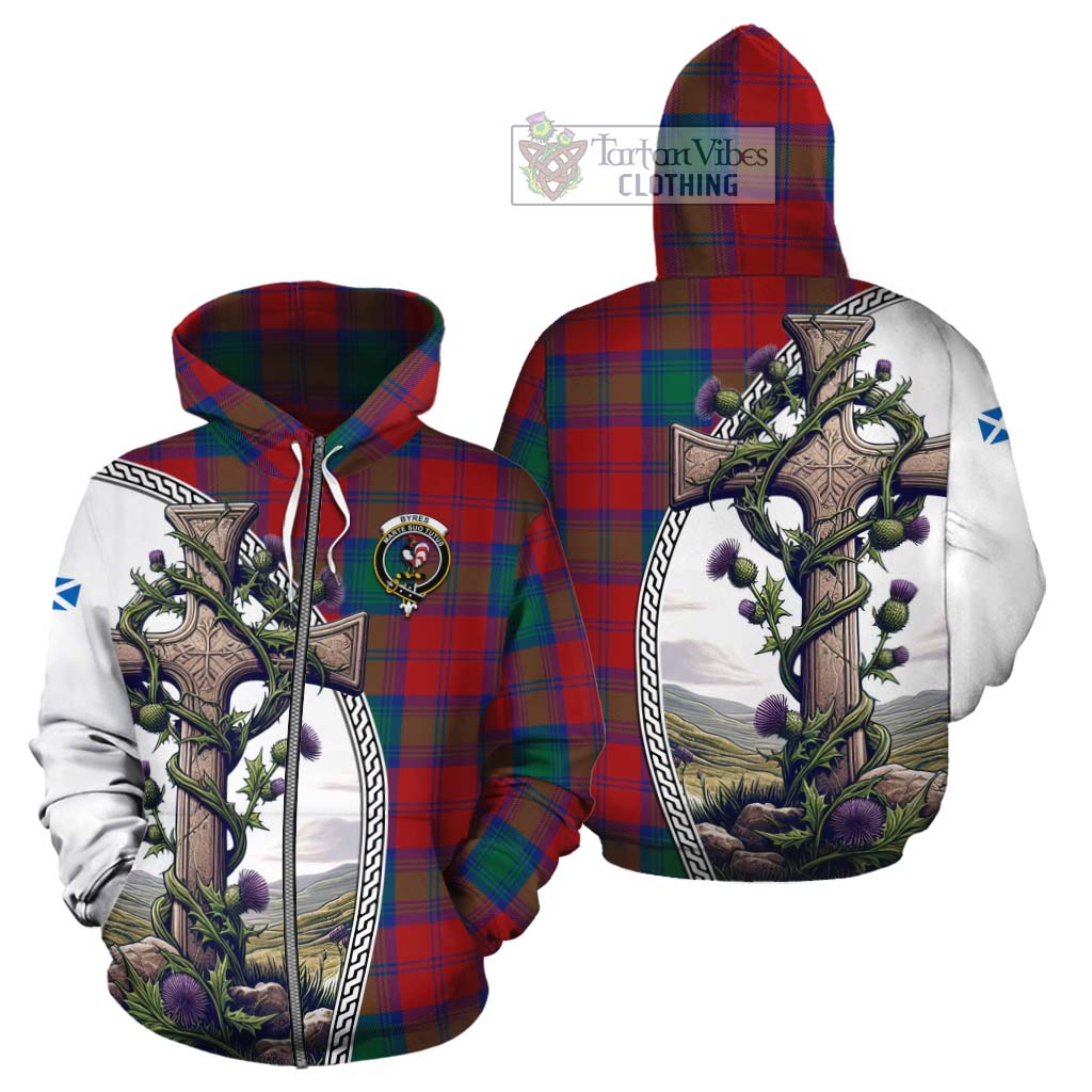 Tartan Vibes Clothing Byres (Byses) Tartan Cotton Hoodie with Family Crest and St. Andrew's Cross Accented by Thistle Vines
