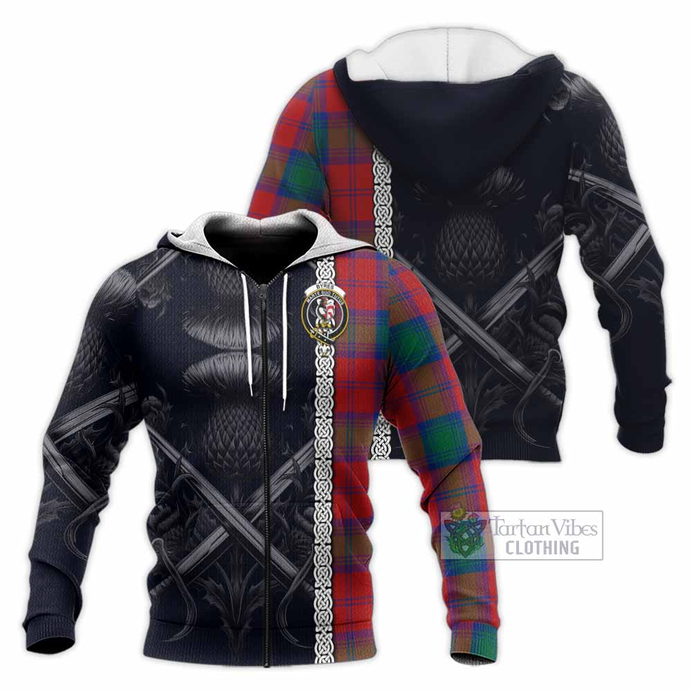 Tartan Vibes Clothing Byres (Byses) Tartan Knitted Hoodie with Family Crest Cross Sword Thistle Celtic Vibes