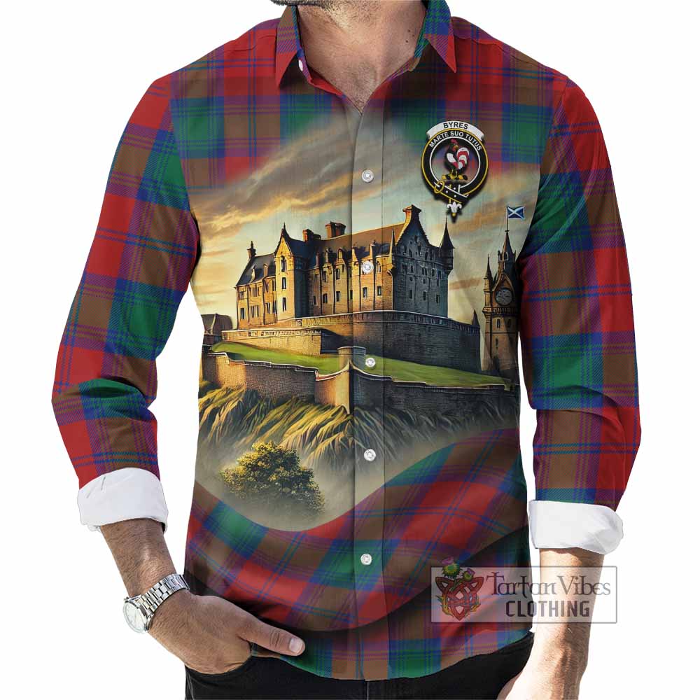 Tartan Vibes Clothing Byres (Byses) Tartan Family Crest Long Sleeve Button Shirt with Scottish Ancient Castle Style