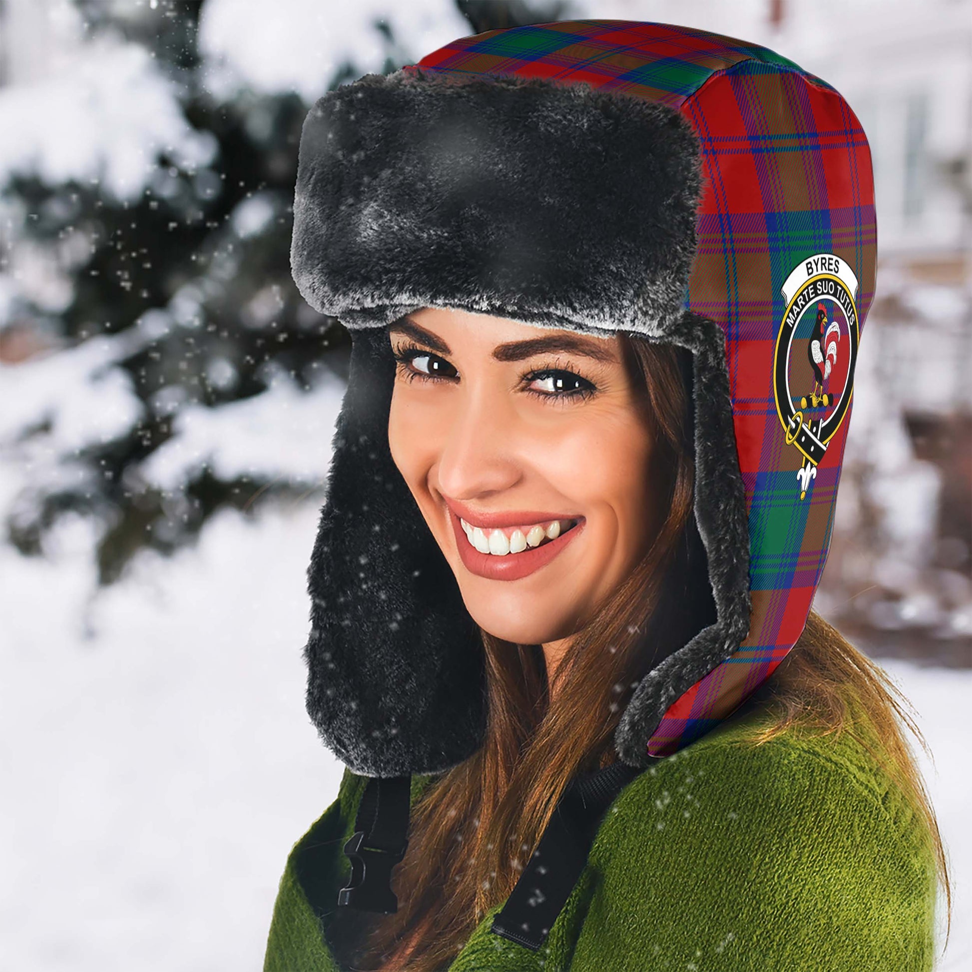 Byres (Byses) Tartan Winter Trapper Hat with Family Crest - Tartan Vibes Clothing
