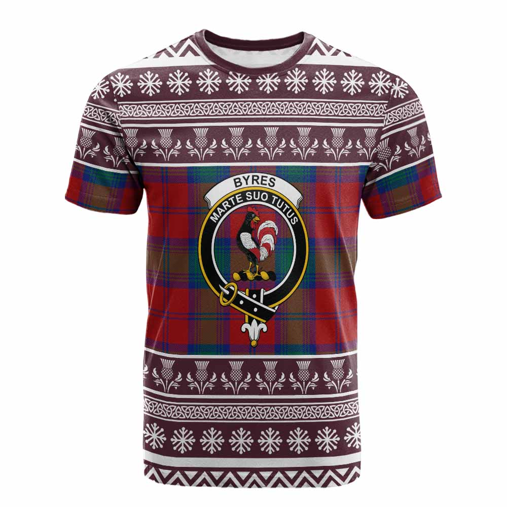 Byres (Byses) Clan Tartan Christmas Cotton T-shirt with Family Crest - Tartan Vibes Clothing