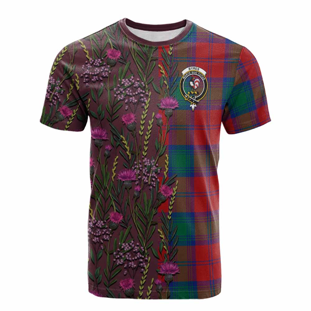 Byres (Byses) Family Crest Tartan Cotton T-shirt Scottish Thistle Flower Pattern Half Style - Tartan Vibes Clothing